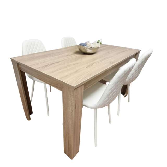 Wooden Dining Table with 4 white Gem Patterned Chairs Oak Effect Table with white Chairs