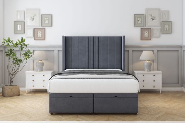 "Sloomy Hargrave Steel Plush Ottoman Bed Base With 54"" Wingback Headboard 3' Single Grey Steeel Single 1"