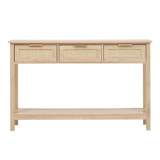 Living and Home Rustic Wood Console Table with 3 Rattan Drawers Brown
