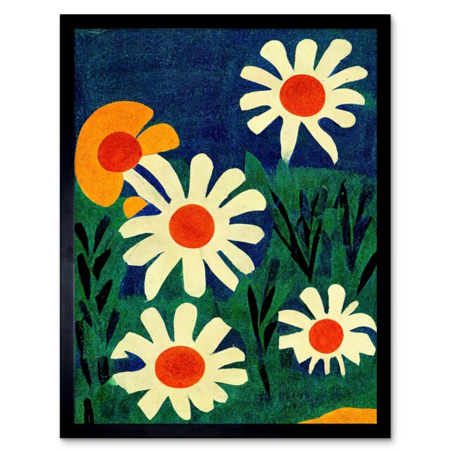 Meadow Daisies Floral Flower Matisse Red Cream Blue Framed Wall Art Print