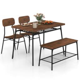 COSTWAY Dining Table Set for 4 Dining Room Kitchen Table w/ Bench Brown 4