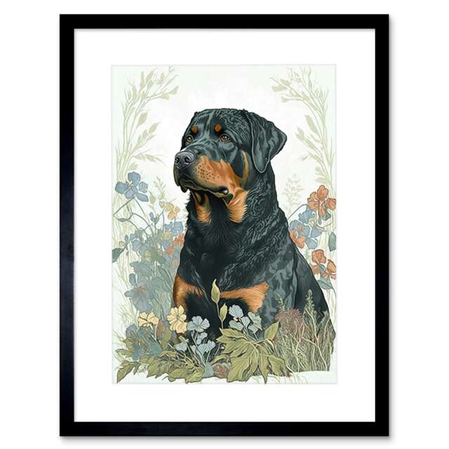 "Rottweiler Dog Sitting Flower Field Modern Watercolour 9x7"" Black Framed Wall Art Print"