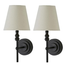 ValueLights Maggie Pair Linen Shade Black Candlestick Wall Lights Black