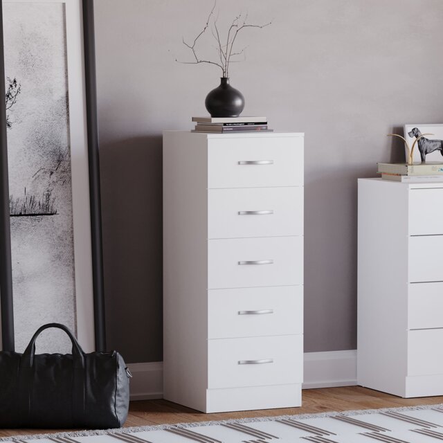 Vida Designs Riano 5 Drawer Narrow Chest of Drawers Bedroom Storage, White