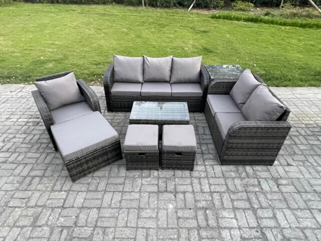 Fimous Outdoor Garden Furniture Sets 8 Pieces Wicker Rattan Furniture Sofa Sets with Rectangular Coffee Table Loveseat Sofa 3 Footstools Side Table