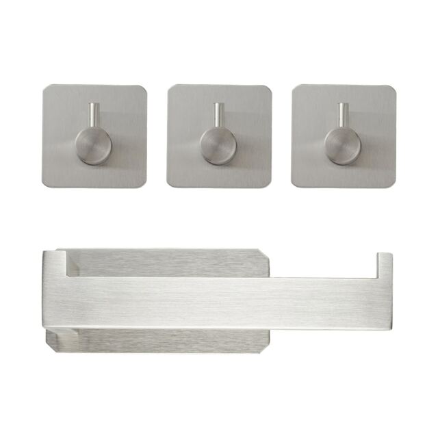Living and Home 4pcs Self-Adhesive Toilet Paper Holder & Towel Hook set, Silver Silver