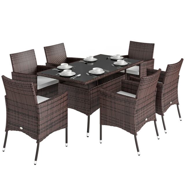 Outsunny Rattan Dining Set for 6 with Cushions, Glass Top Table, Brown