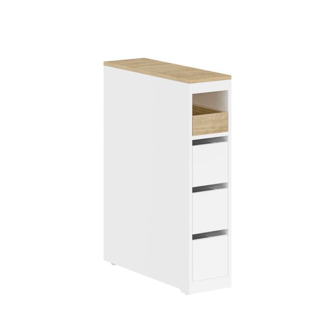SoBuy 4-Drawer Bathroom Side Cabinet with Wheels, White & Oak Top, 23.6x7.9x32.2 in, 22.1 kg - BZR54-K-W