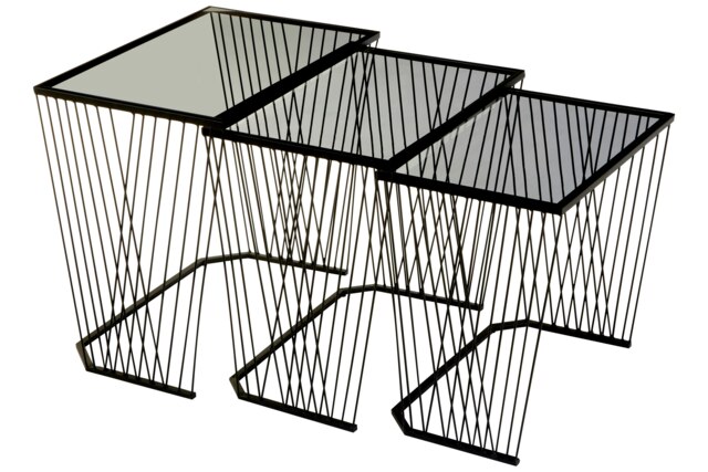 Interiors by Premier Set Of Three Grey Glass Top Black Side Table with Openwire Frame, Black Bedside Tables For Living Room Black