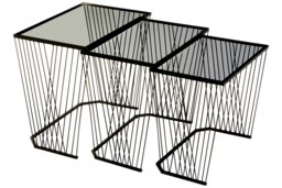 Interiors by Premier Set Of Three Grey Glass Top Black Side Table with Openwire Frame, Black Bedside Tables For Living Room Black