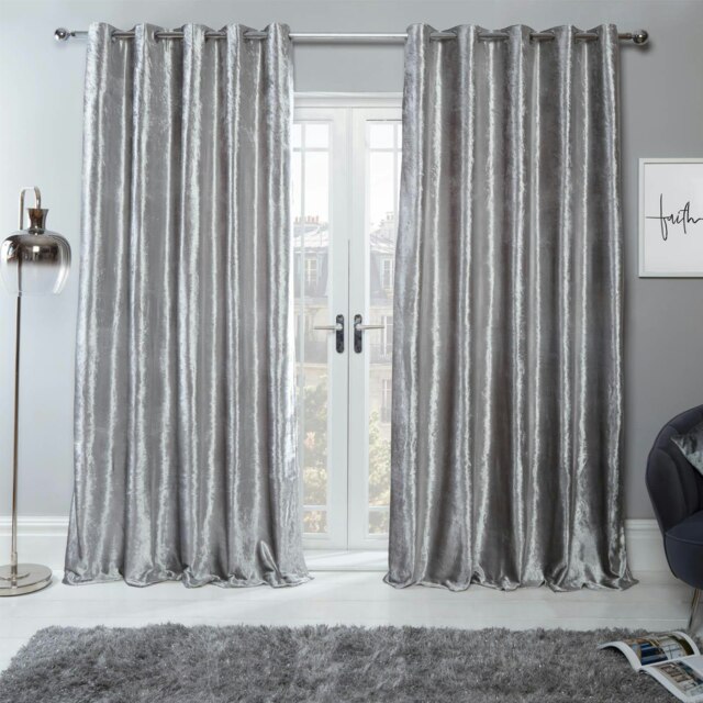 "OHS Luxury Soft Crushed Velvet Lined Eyelet Curtains, 66x54"" - Silver"