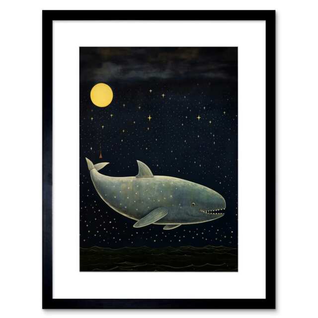 "Whale Breach at Full Moon Reach for Stars 9x7"" Black Framed Wall Art Print"