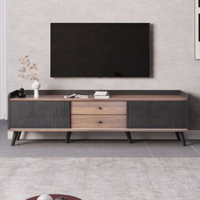 VILUXE 160 x 40 x 58cm TV Stand with 2 Striped Sliding Doors, 2 Drawers, Shelved Storage, Raised Top Edge and Anti-Tip Kit, Black and Wood