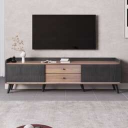 VILUXE 160 x 40 x 58cm TV Stand with 2 Striped Sliding Doors, 2 Drawers, Shelved Storage, Raised Top Edge and Anti-Tip Kit, Black and Wood