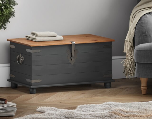 Mercers Furniture Corona Charcoal Blanket Box Storage Chest Ottoman Toy Trunk Solid Wood Mexican Pine Wooden Dark Grey Bedroom