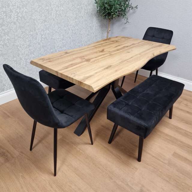 Wooden Dining Table with 2 Black Chairs and 2 benches - Dining Kitchen Room Furniture
