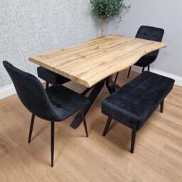 Wooden Dining Table with 2 Black Chairs and 2 benches - Dining Kitchen Room Furniture