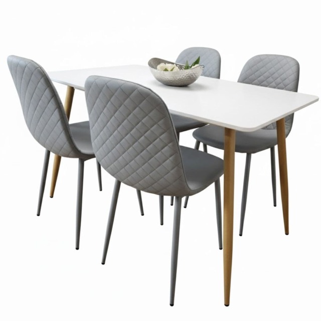 Modern Rectangle White Dining Table Set With 4 Grey Gem Pattern Chairs Dining Room Furniture