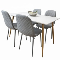 Modern Rectangle White Dining Table Set With 4 Grey Gem Pattern Chairs Dining Room Furniture