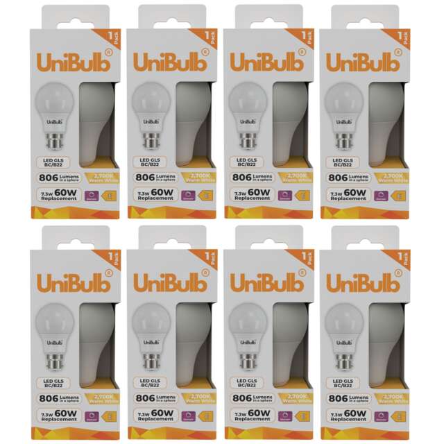 UniBulb LED GLS B22 Bayonet Cap (BC) 806lm 7.3W (Replaces 60W) 2700K (Warm White) Dimmable Light Bulb - Pack of 8