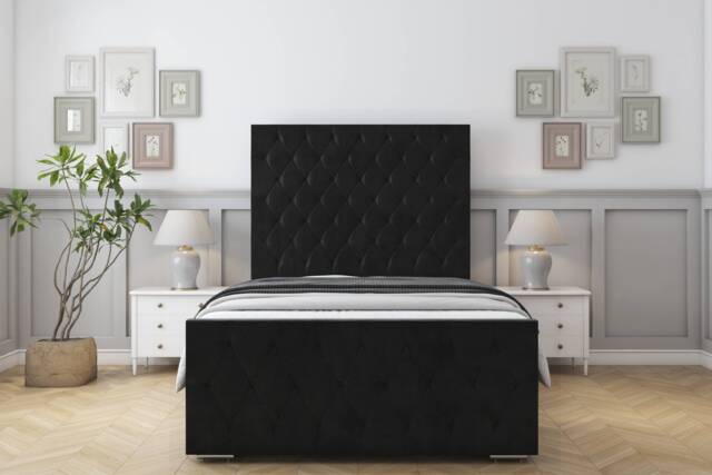 "Sloomy Watson Black Plush Bed Frame With 50"" Upholstered Headboard 4' Small Double"