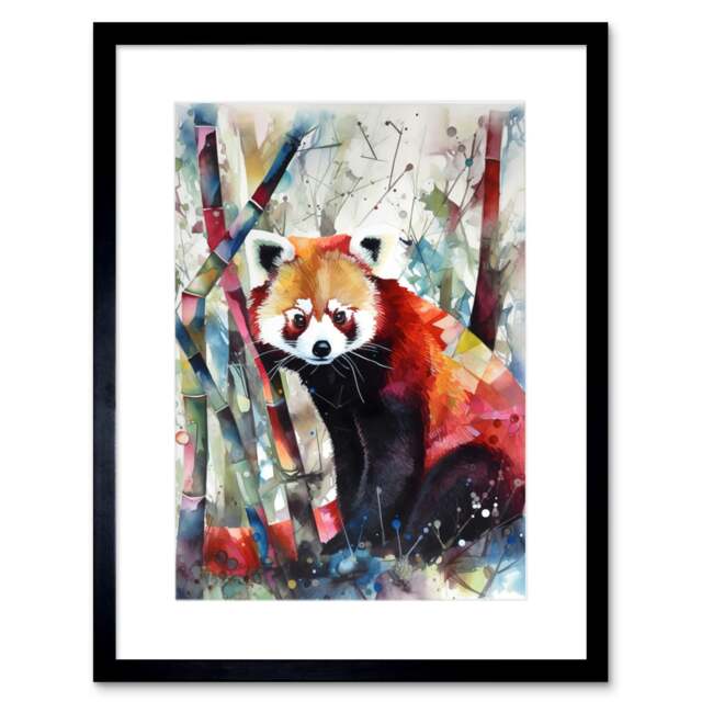"Red Panda Bamboo Forest Folk Art 9x7"" Black Framed Wall Art Print"