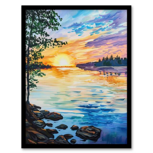 Sunset On Calm Lake Oil Tranquil Peace Black Framed Wall Art Print A4