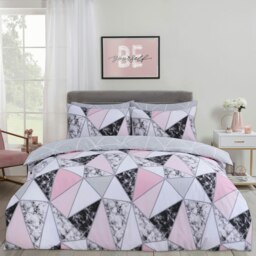 OHS Geometric Marble Print Duvet Cover and Pillowcase Set, King - Blush Pink/Grey