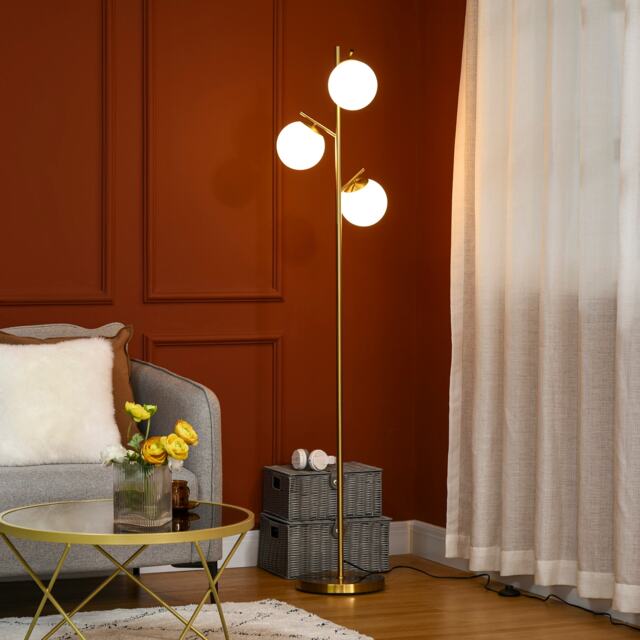 HOMCOM 3Light Tree Floor Lamps for Living Room, Modern Standing Lamp for Bedroom with Globe Lampshade, Steel Base, Bulb not Included, Gold Tone
