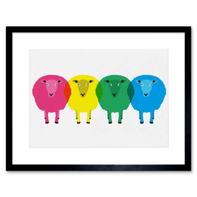 "Cute Colourful Cartoon Sheep Kids Bedroom 9x7"" Black Framed Wall Art Print"