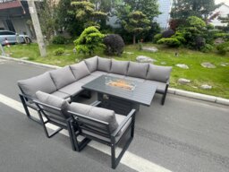 Fimous Aluminum Outdoor Garden Furniture Corner Sofa 2 PC Chairs Gas Fire Pit Dining Table Sets Gas Heater Burner Dark Grey 9 Seater
