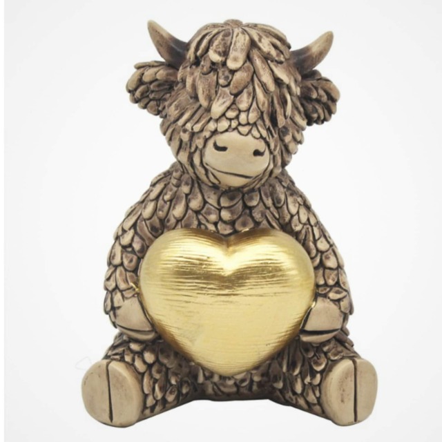 Lesser And Pavey Hughie Highland Cow With Gold Heart Figurine