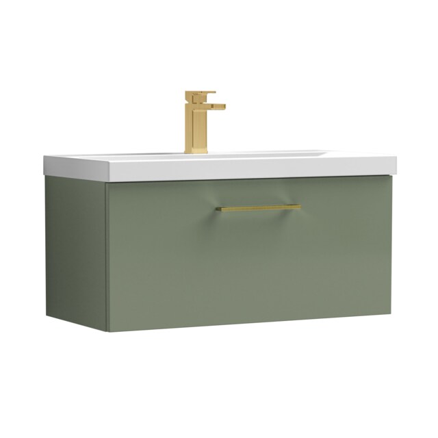 Balterley Wall Hung Bathroom 1 Drawer Vanity Unit and 1 Tap Hole Ceramic Basin, with Handle Green Satin Green