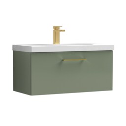 Balterley Wall Hung Bathroom 1 Drawer Vanity Unit and 1 Tap Hole Ceramic Basin, with Handle Green Satin Green