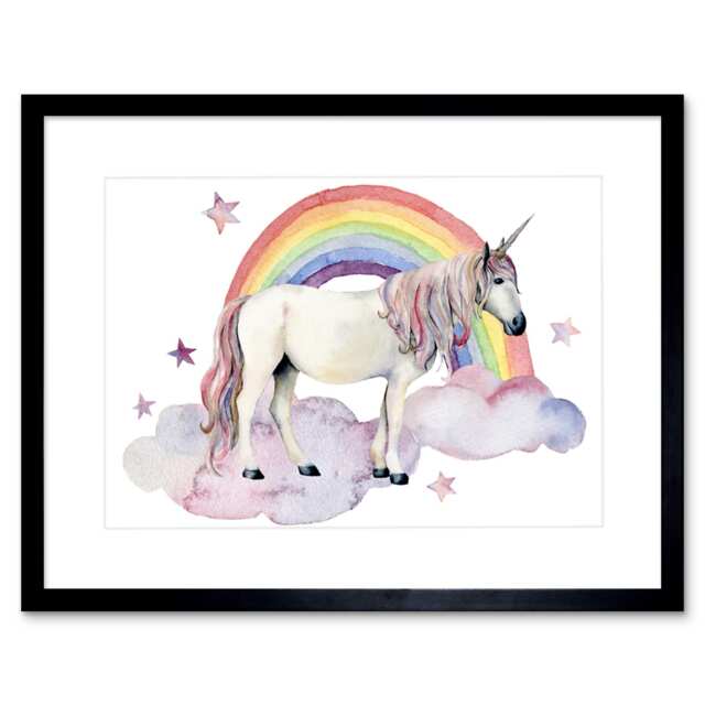"Unicorn Watercolour Rainbow Cloud Fantasy Kids Bedroom 9x7"" Black Framed Wall Art Print"
