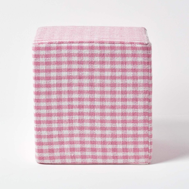 Homescapes Pink Gingham Check Cotton Cube Pouffe - 36 x 36 x 38 cm Pink 36 x 36 x 38 cm