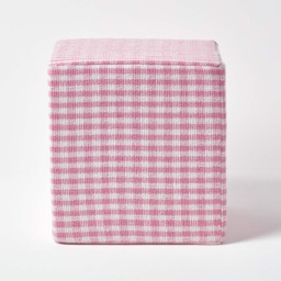 Homescapes Pink Gingham Check Cotton Cube Pouffe - 36 x 36 x 38 cm Pink 36 x 36 x 38 cm