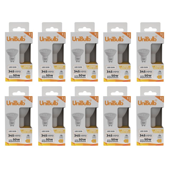 UniBulb LED GU10 345lm 3.6W (Replaces 50W) 3000K (Warm White) Spotlight Downlight Light Bulb - Pack of 10