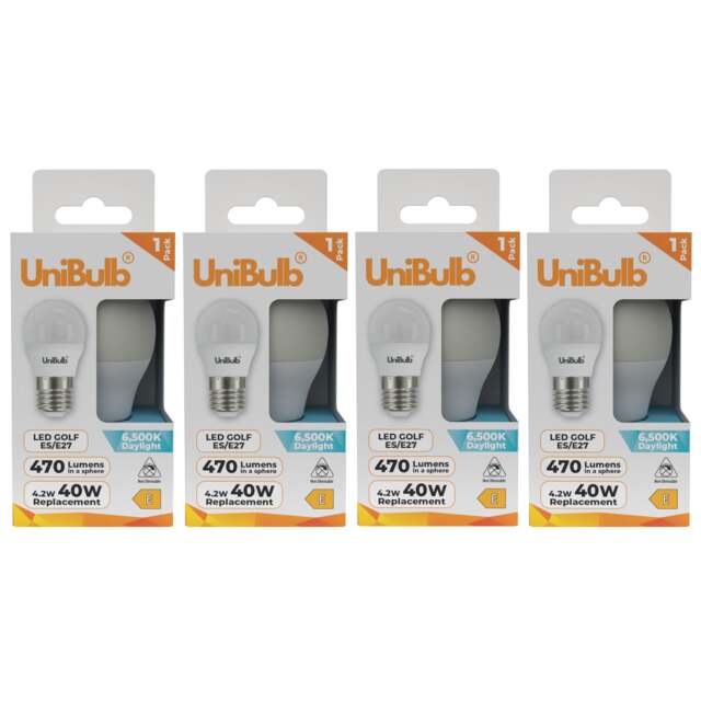 UniBulb LED Golf Ball E27 Edison Screw (ES) 470lm 4.2W (Replaces 40W) 6500K (Daylight) Light Bulb - Pack of 4 White Daylight 4