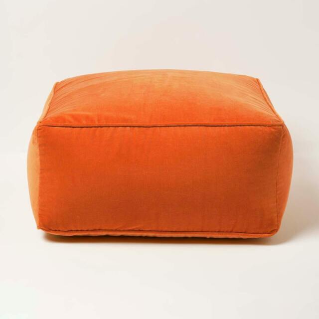 Homescapes Burnt Orange Velvet Pouffe Bean Cube