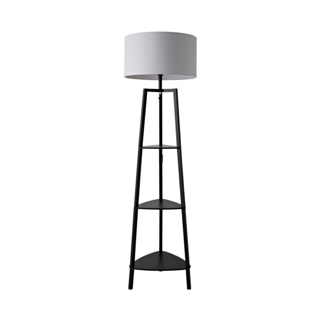 ValueLights Hiru Black 3 Tier Shelf Floor Lamp Grey Shade Grey