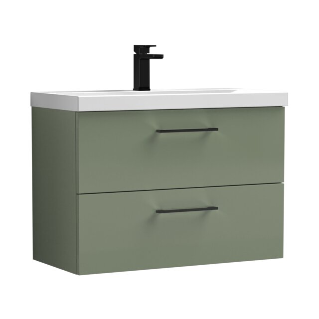 Balterley Wall Hung Bathroom 2 Drawer Vanity Unit and 1 Tap Hole Ceramic Basin, with Handles Green