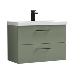 Balterley Wall Hung Bathroom 2 Drawer Vanity Unit and 1 Tap Hole Ceramic Basin, with Handles Green
