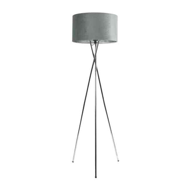 ValueLights Camden Chrome Tripod Floor Lamp and Grey Velvet Shade Grey