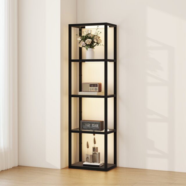 HOMCOM LED Floor Lamp with Glass Shelves, Dimmable Room Lamp, Black Black