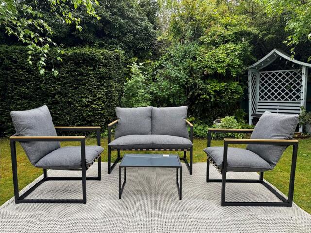 Garden Lounge Set Grey Cushions Black Frame Patio Furniture Chairs Sofa Table 4 Seater Porto