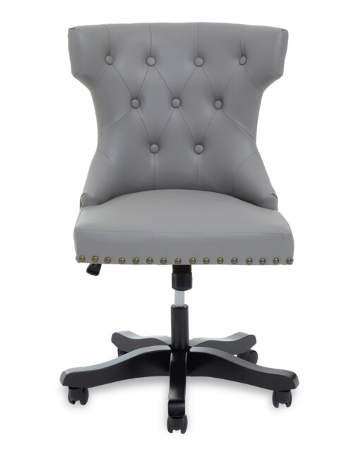 Orsina Grey Leather‑Effect Home Office Chair, Emerald‑Button Tufted Wingback Seat, Height‑Adjustable Swivel Chair