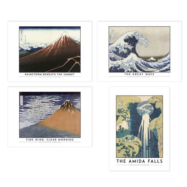 Set of 4 Hokusai Mount Fuji Rainstorm Fine Wind Great Wave Amida Falls Wall Art Print A4