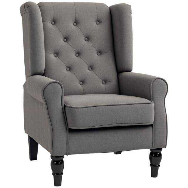 HOMCOM Retro Accent Chair, Snow Flannel Wingback Armchair with Wood Frame Button Tufted Design for Living Room Bedroom, Dark Grey