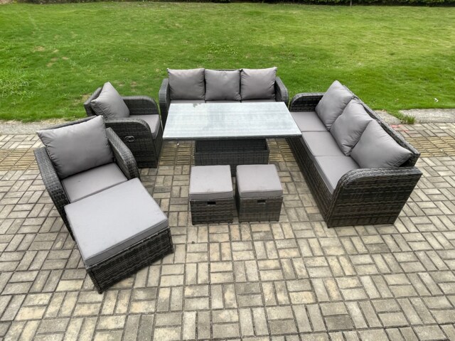 Fimous Wicker PE Rattan Outdoor Garden Furniture Sets Height Adjustable Rising lifting DiningTable Sofa Set with Reclining Chair 3 Footstools Dark Grey Mixed